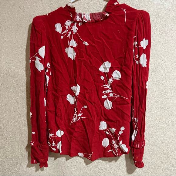 Ba&sh red white floral ruffle button up long sleeve top - Picture 7 of 11
